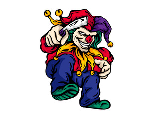 Vintage Tattoo Art Illustration - Scary Clown Character Holding A Knife