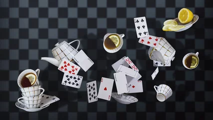 Foto op Aluminium Wonderland background. Mad tea party. Cups, teapot and playing cards falling down the rabbit hole. Chess wonderland background. © svetlanasmirnova