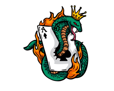Vintage Tattoo Art Illustration - Flaming Gambling King Cobra