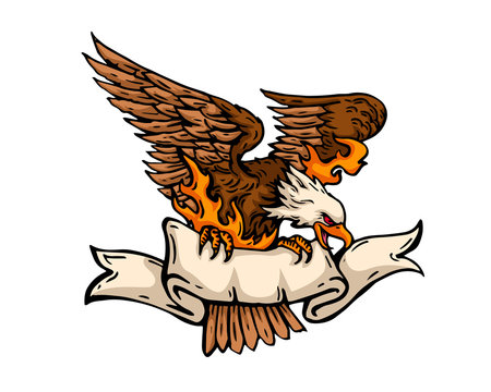 recommend clip art: Vintage Tattoo Art Illustration - Flaming Patriotic American Eagle With Ribbon