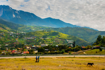 Mount Kinabalu view, villages at the foothill of the mountain. Sabah, Borneo, Malaysia