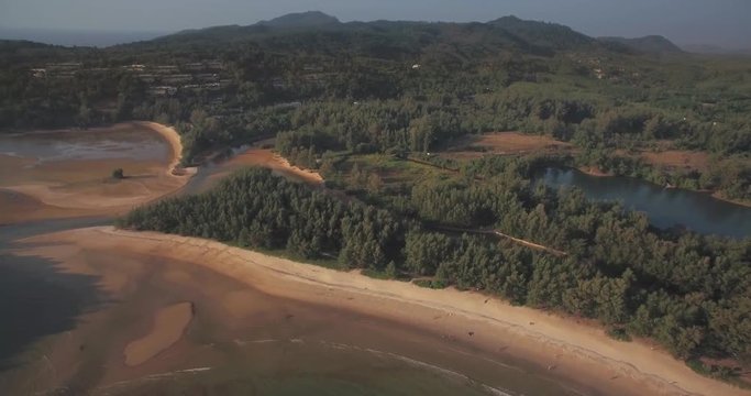 River And Lagoon Behind Layan Beach And Koh Kala, Thailand, Ascending Aerial Shot With Pan
