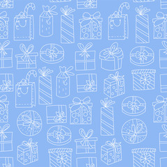 Fototapeta na wymiar Seamless pattern with gift boxes with ribbons in various shapes. 