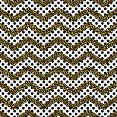 Zigzag angle wave lines with gold glitter seamless vector pattern. Black and white curvy dotted bold background.