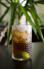 Cocktail cube libre on black table with palm tree on background