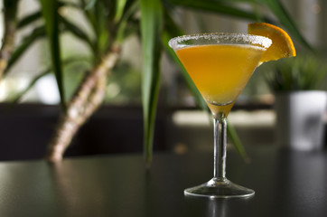 Cocktail sidecar on black table with palm tree on background