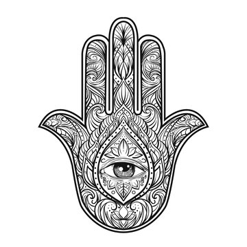 Hand drawn Ornate amulet Hamsa Hand of Fatima. Ethnic amulet common in Indian, Arabic and Jewish cultures.