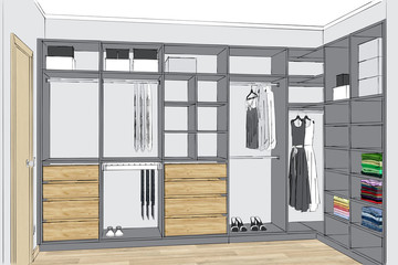 3D rendering. Modern large, comfortable wardrobe with folded and hanging clothes. Front view. Clothes and decorations. Modern, functional furniture design of dressing room. Natural oak veneer drawers.