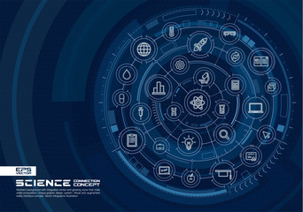 Abstract science technology background. Digital connect system with integrated circles, glowing thin line icons. Virtual, augmented reality interface concept. Vector future infographic illustration
