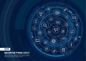Abstract marketing and seo background. Digital connect system with integrated circles, glowing thin line icons. Virtual, augmented reality interface concept. Vector future infographic illustration