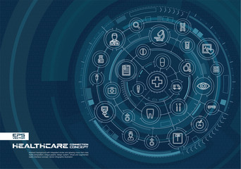 Abstract healthcare, medicine background. Digital connect system with integrated circles, glowing thin line icons. Virtual, augmented reality interface concept. Vector future infographic illustration