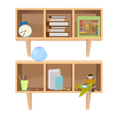 Brown shelves with toys and school supplies