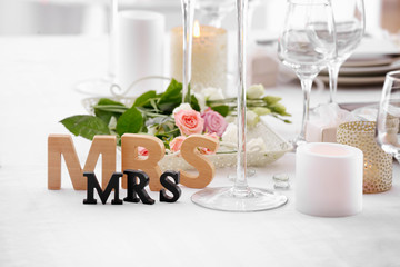 Beautiful decoration on table served for lesbian wedding