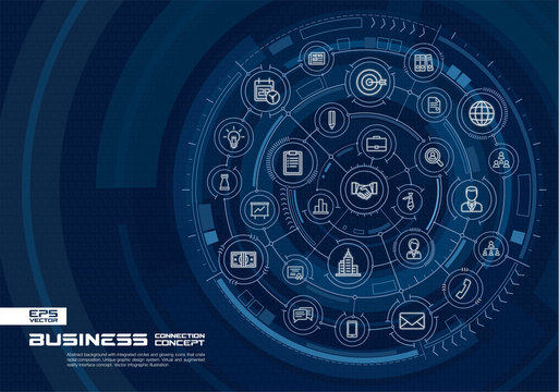 Abstract business strategy background. Digital connect system with integrated circles, glowing thin line icons. Virtual, augmented reality interface concept. Vector future infographic illustration