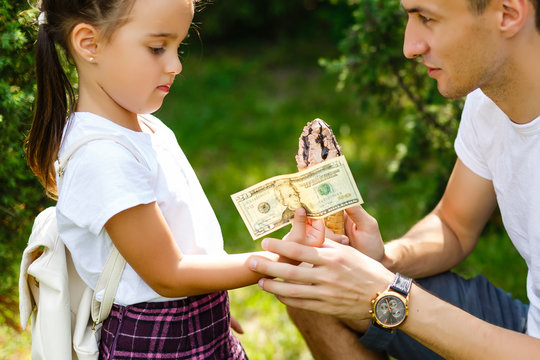 Adorable Kid Girl Don't Want To Share Ice Cream To Father. Family Lifestyle