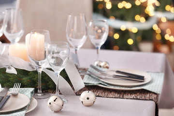 Table served for Christmas dinner in living room