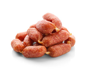 Smoked sausages on white background