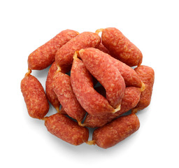 Smoked sausages on white background
