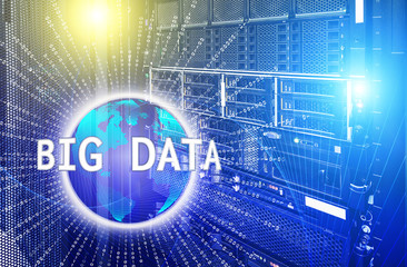 Big data concept. Servers and storage of modern data center with holograms technological background