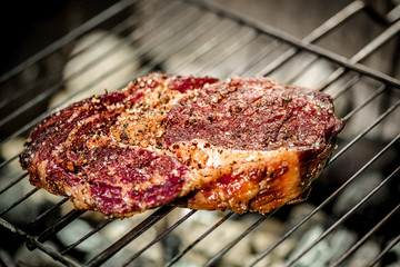 Hot spicy steak grilling on a summer barbecue over the hot coals garnished.