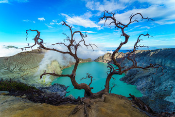 Beautiful Landscape mountain and green lake in the morning  at Kawah Ijen volcano , East Java, Indonesia