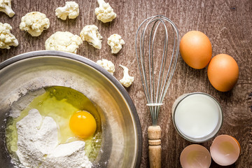 Cauliflower baked with egg and flour.
