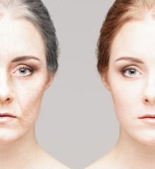 Collage of two portraits of the same old girl and young girl. Face lifting, aging and skincare...