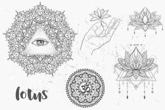 Mandala set and other elements. Vector. Mandala tattoo. , boho style, kaleidoscope, medallion, yoga, india, Arabic. circular pattern, sketch for tattoo