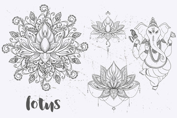Mandala set and other elements. Vector. Mandala tattoo. , boho style, kaleidoscope, medallion, yoga, india, Arabic. circular pattern, sketch for tattoo