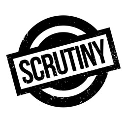 Scrutiny rubber stamp. Grunge design with dust scratches. Effects can be easily removed for a clean, crisp look. Color is easily changed.