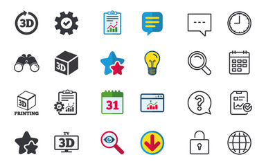 3d technology icons. Printer, rotation arrow.