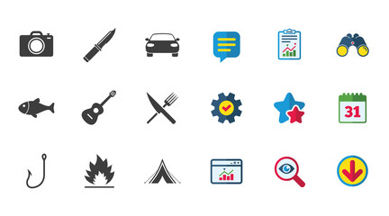 Camping travel icons. Fishing, tourist tent.