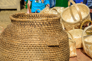 Handmade braided barrel and wicker baskets at international knight festival Tournament of Saint George in the Kolomenskoye museum-reserve
