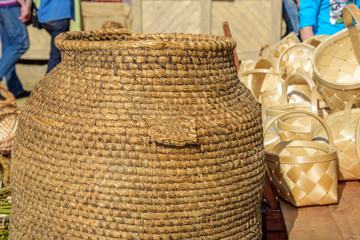 Handmade braided barrel and wicker baskets at international knight festival Tournament of Saint George in the Kolomenskoye museum-reserve
