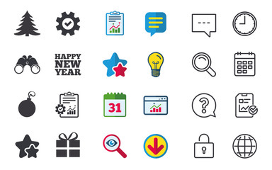 Fototapeta premium Happy new year sign. Christmas tree and gift box.