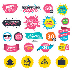 Happy new year sign. Christmas tree and gift box.