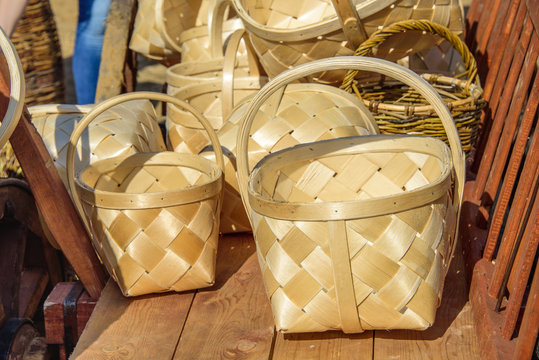 Handmade wicker baskets standing on the cart at the international knight festival Tournament of Saint George in the Kolomenskoye museum-reserve