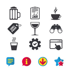Drinks signs. Coffee cup, glass of beer icons.