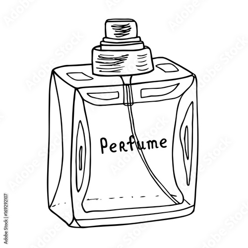 "Perfume glass bottle with inscription. Line art sketch. Grunge