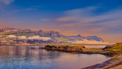 Panoramic view of beautiful colorful landscape on Iceland coast. South Iceland in summer, Europe.