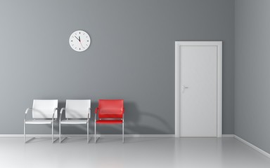One red chair between white chairs in the waiting room 3D render