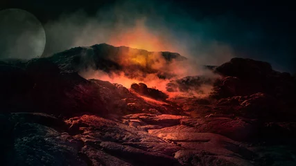 Fotobehang Fantasie close-up scène van actieve vulkaan met vuur, ijs en rook op de top. IJsland, Europa. © The Walker