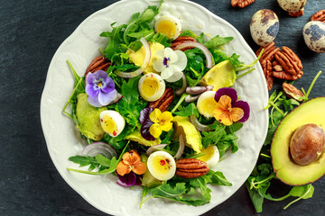 Healthy summer salad with quail eggs, avocado, pecans, wild rocket, red onion and edible viola...