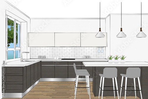  3D rendering  Modern kitchen furniture design  in light 