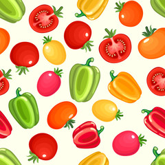 Seamless pattern with variety of tomatoes and bell peppers.