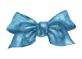 Blue gift bow isolated on white background, with clipping path. Watercolor illustration