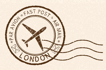 Postal stamp with LONDON title. Round brown postmark on beige background