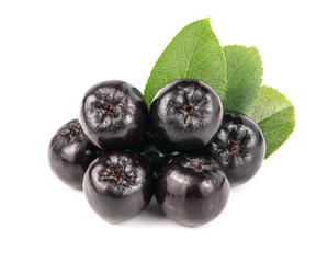 Chokeberry with leaf isolated on white background. Black aronia berries