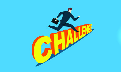 Businessman jumping over a hurdle obstacle challange concept text