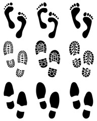 Black prints of human feet and shoes on a white background - obrazy, fototapety, plakaty